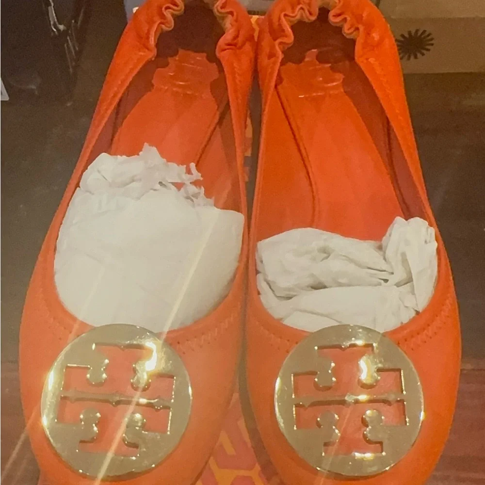 Tory Burch Bright Orange Reva Ballet Flats with Gold Logo